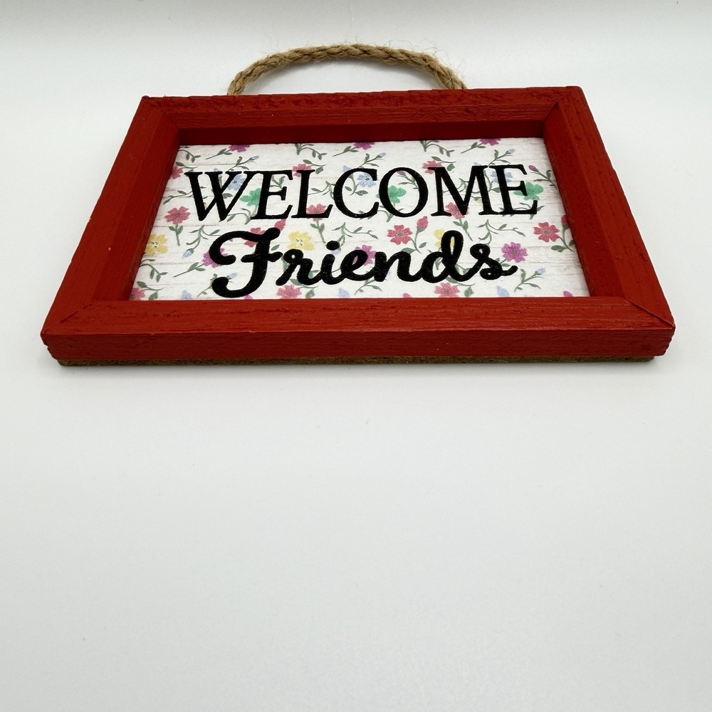 Rustic Welcome Friends Wooden Sign Floral Wall Decor Red Frame‎ Rope Hanging - Picture 2 of 10